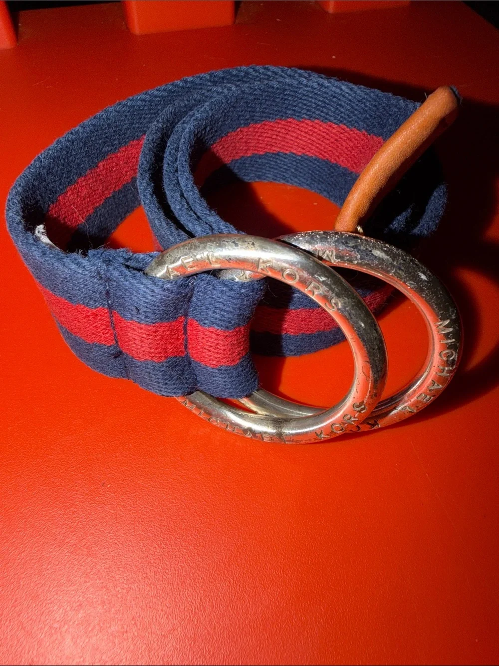 Michael Kors Navy and Red Striped Canvas Belt with Leather Trim